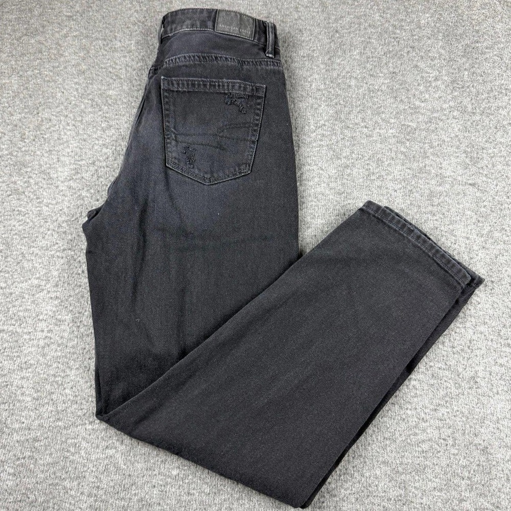 American Eagle Mom Jeans Size 0 Regular Distressed Faded Black High Rise Denim
